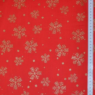 Weihnachts - Stoff Goldener Schneefall Rot
