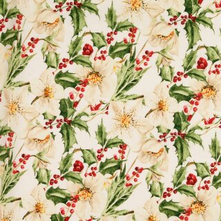Weihnachts - Baumwollstoff Stechpalmenzweig mit Blumen