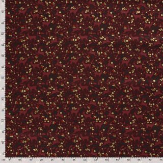 Weihnachts - Baumwollstoff Hirsche und Ilex bordeaux
